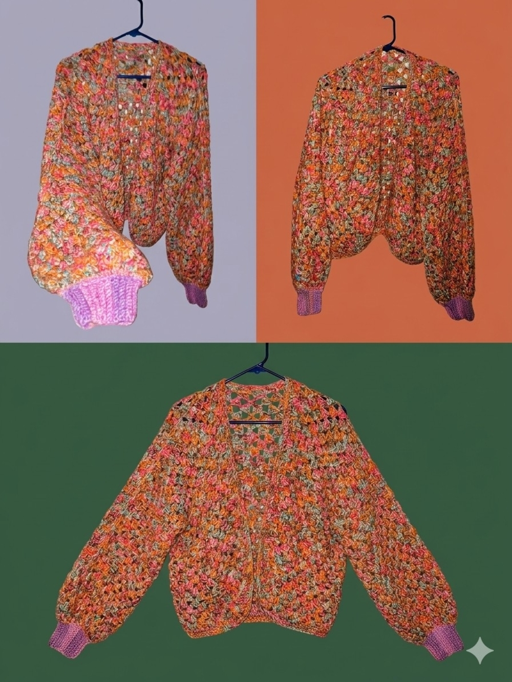 Colorful  Crochet Cardigan - Multicolor with Pink Cuffs